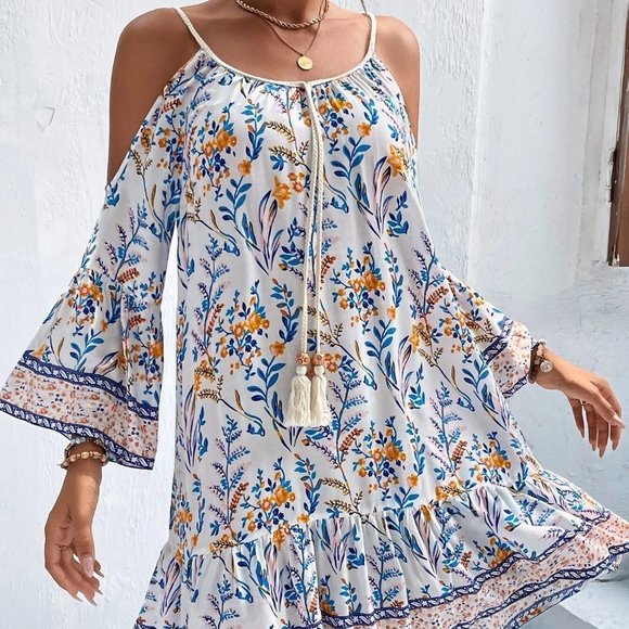 . Dresses & Skirts - Multicolor Boho Womens Floral Print Cold Shoulder Tassel Trim Ruffle Hem…